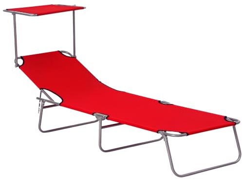 Outsunny Folding Sun Lounger with Canopy, Portable Red | Reclining Sunbed, 4-Position Adjustable Backrest, 600D Oxford Cloth, Garden Lounger Recliner Chair, Beach Camping Patio