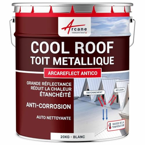 Coolroof Peinture Anti Chaleur Toit Métallique 20 kg Blanc | Anti-Chaleur et Anti-Corrosion, Étanche, Toiture Métallique, Bac Acier, Zinc, Cuivre et Plomb - Arcane Industries