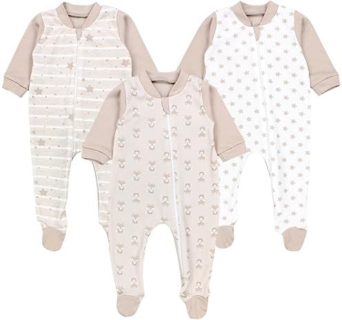 TupTam Baby Unisex Schlafstrampler Mädchen Schlafanzug mit Fuß Jungen Spieler 3er Pack, Farbe: Fuchs Beige Streifen Sterne, Größe: 80