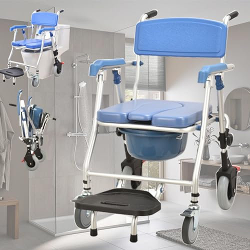 Silla Wc Personas Mayores con Ruedas, 3-En-1-Silla-de-Ducha-Wc-Móvil Interior, Silla Inodoro Plegable, Silla de Baño para Mayores Mujer Embarazada Discapacitados, Carga: 150kg