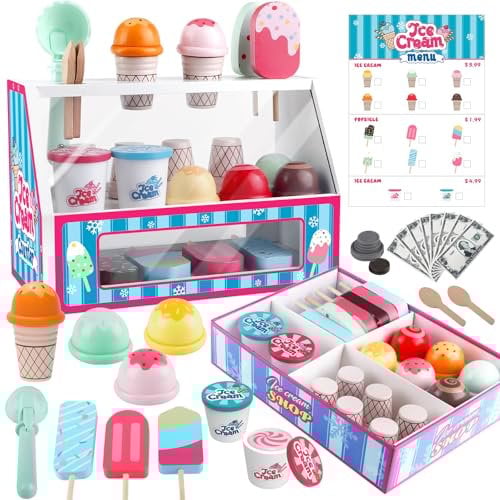 Plunack Heladería Juguete de Madera, Juguetes Montessori con Accesorios Cocinita Infantil y Comida de Juguete, Juegos Infantiles Regalo para Niños y Niñas a Partir de 3 Años