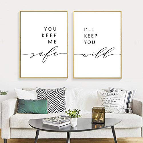 AdoDecor Bilder 2er Set, Bilder Wohnzimmer, Bild auf Leinwand, Liebespaar-Zitate Wandbilder Schlafzimmer, You Keep Me Safe I'll Keep You Wild Drucke Badezimmer Boho Deko(Gerahmt)