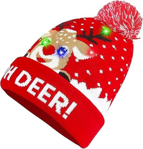 Forhome Christmas Beanie LED,LED Mütze Weihnachtsmützen,LED Weihnachtsmütze,LED Leuchten Strickmütze Weihnachten,Es gibt 3 Arten von leuchtenden Modi Weihnachtsmützen aus Fleece (Christmas Hat Deer)