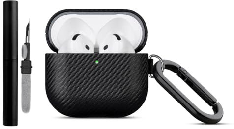 Haobobro [Karbonfaser Textur] Handgefertigt für AirPods 4 Hülle Case - Premium PU Leder Schutzhülle mit Karabiner & Reinigungsset - kompatibel mit AirPods 4. Generation Kopfhörer Ladecase - Schwarz