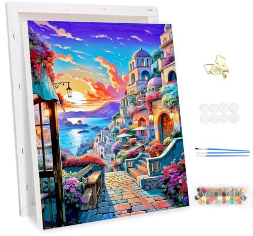 MEIYUDA Peinture par Numero Adulte avec Cadre Bord de mer, Ville romantique Kit de Peinture à l'Huile sur Toile par Numéro, Débutants Peinture Acrylique Pigmentée, Decoration Maison Cadeau 30x40cm