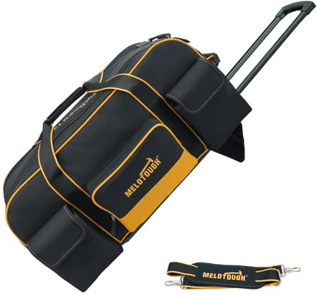 MELOTOUGH Rolling Tool Bag with Wheels,Large Capacity Tool Bag Organizer with Concealed Telescoping Handle for Electrician,Construction,HVAC,Technician (Yellow/Black)