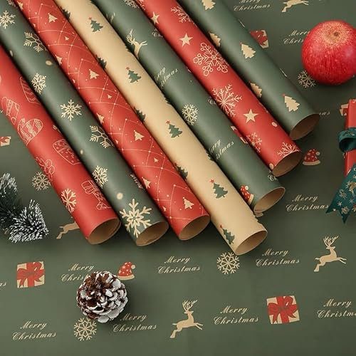EIXHUAO Geschenkpapier Weihnachten Set - 7 Blatt Kraftpapier, 70x50cm Vintage-Stil, für Party Geschenke Deko (A)