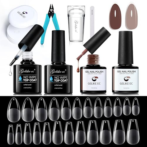Gelike ec Medium Nagelspitzen mit Nagelkleber Kit: 240pcs Full Cover Almond Coffin Nageltips Set für Anfänger Maniküre enthusiasten - Verwendung zu Hause Nagelstudio mit 2pcs Brown Nagellack UV-Lampe