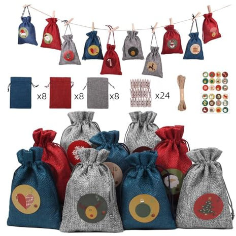 Adventskalender Tüten 2024-24 Weihnachten Kordelzug Beutel Countdown Kalender Weihnachtstüten | 24 Tage Countdown Kalender mit Etiketten Hängende Countdown Süßigkeitentüten für Weihnachten Home