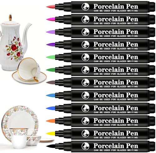 Crayons en porcelaine lavables au lave-vaisselle, stylo en porcelaine résistant à l'eau, 12 couleurs, convient pour les motifs de dessin et les créations design sur différentes porcelaines.