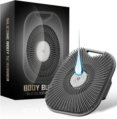 Scrubber per il corpo in silicone infuso di zinco, esfoliante profondo, per doccia, luffa in silicone per pelli sensibili, con setole insaponate e manico ergonomico antiscivolo, grigio