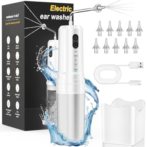 Lavrebu Ear Wax Removal Kit,USB Electric Water Powered Ear Cleaner with 10 Replaceable Tips,4 Cleaning Modes IPX7 Waterproof Ear Irrigation System Ear Flushing Cleaning Tool for Kids Adults Home Use