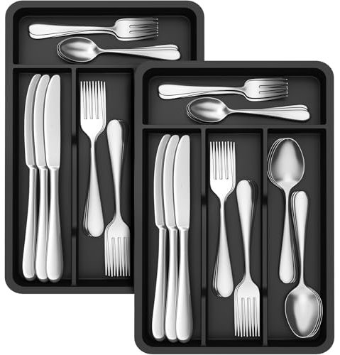 Lifewit 2tk. klein Besteckkasten für Schubladen, 4 Fächern Besteck Organizer, 19,8 x 31,5 cm Schublade Organizer Küche, Besteckeinsatz Utensilienhalter aus Kunststoff für Löffe/Gabeln/Messer, Schwarz