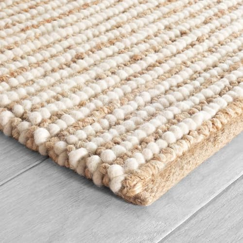 FRELISH DECOR Teppich aus Wolle und Jute, handgewebt, grobe Streifen, moderner Teppich für Wohnzimmer, Schlafzimmer, 1,5 x 2,4 m, natürliches Elfenbein