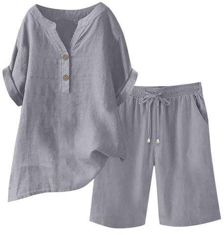 EMATOP Sommer Kurz Leinenanzug Damen Leicht Luftig Musselin Set Baumwolle Leinen Tracksuit Elegant Zweiteiler Bluse und Shorts Outfit Einfarbig Lässig Sportanzug mit Taschen Bequem Freizeitanzug