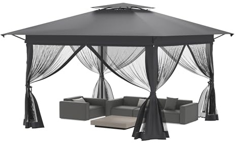 FIVMEN Pavillon 4x4 Pop up Stabil Winterfest Partyzelt Faltpavillon Höhenverstellbar mit Doppeldach und 4 Moskitonetz Seitenteilen Pavillion Gartenpavillon inkl. Tragetasche, Anthrazit