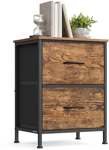 SONGMICS Bedside Table with 2 Non-Woven Fabric Drawers, Steel, MDF, for Bedroom, Side Table, Rustic Brown and Ink Black LGS312BH04