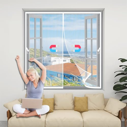 Fliegengitter Fenster Magnet 140 x 75 cm Ohne Bohren Sicher Stärkere Magneten, Breites Klettband, mit Selbstschließend, Terrassentür Fliegengitter, mit Nylonband für Alle Fenster, Weiß