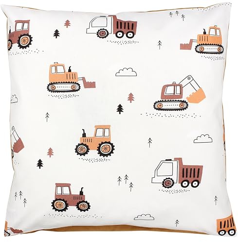 TupTam Kinder Kissenbezug Kissenhülle Dekorativ Gemustert, Farbe: Baufahrzeuge/Bagger/Beige/Kakaobraun, Größe: 40 x 80 cm