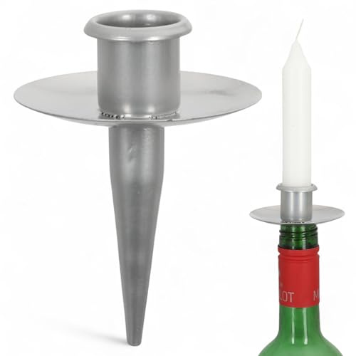 MIJOMA Stilvoller Kerzenhalter für Weinflaschen - Elegante Tischdekoration, Metall-Kerzenständer, für Candlelight Dinner, Dinner-Parties, Festliche Anlässe (Silber, für Stabkerze, mit spitzer Tülle)