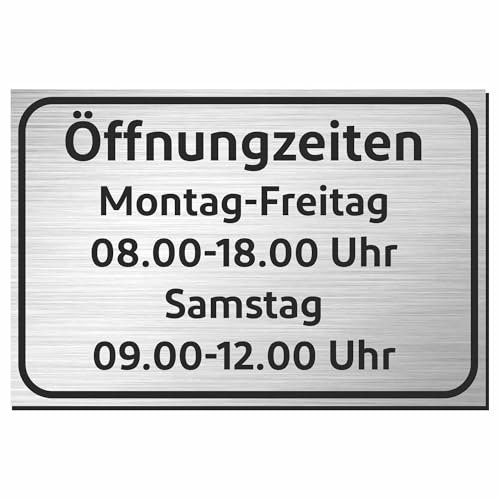 Indigos UG Panneau « Ouvertures » en aluminium composite de 3 mm - Aspect acier inoxydable - Plaque personnalisable avec texte de votre choix - 40 x 30 cm - Plaque horaire d'ouverture résistante aux
