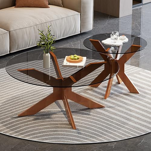 JDPYURV Moderner 2er Set Couchtisch Rund Gummibaumholz, Beistelltisch Tischplatte Aus Gehärtetem Glas Kombination Aus Hohen Und Niedrigen Tischen,für Wohnzimmer Und Büros(A,70+50cm/27.5+19.6in)