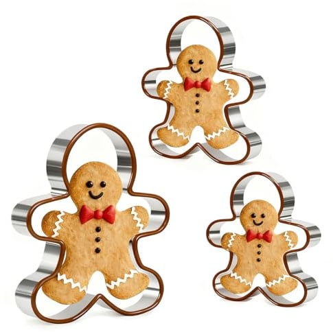 Rolcheleego Gingerbread Man Cookie Cutters Set, 3 PCS Gingerbread Man Biscut Cutters Set Stainless Steel Christmas Cookie Cutters with Brown Environmental PVC Edge