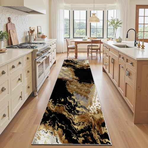 Tyafsgvqo Marmor Optik Teppich 80x150 cm, Schwarz Weiß Gold Marmoriert | Wohnzimmerteppich, Bettvorleger Schlafzimmer, Abstrakte Wandkunst Läufer Flur Rutschfest Waschbar Teppich für Küche