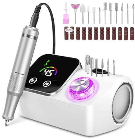 Torno para Uñas,Torno para Uñas Profesional 45000 RPM,con 12 Cabezales de Pulido, Pantalla táctil LCD,Perilla de cristal,Lima portátil para uñas acrílicas y de gel (Blanco)