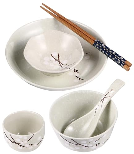 Amosfun Ensemble de Vaisselle Japonaise en Céramique 6 Pièces Personne, Service de Table Bleu-vert Bol, Assiette, Plat, Tasse, Cuillère et Baguettes, Usage Quotidien et Repas Maison
