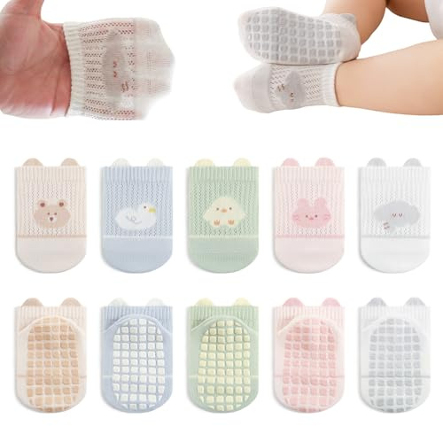 YANWANG 5 Paia Calzini Antiscivolo in Cotone con Grip Traspiranti rete Piccoli Calzini Corti per Neonati Bambini Bambina Con Animato