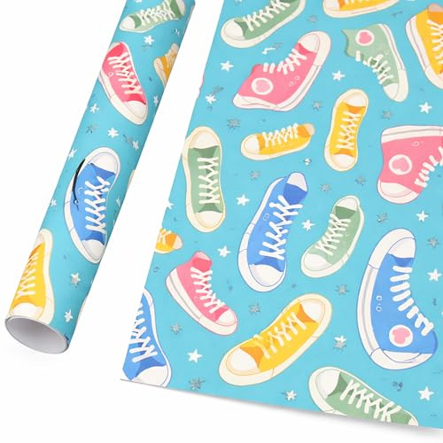 Geschenkpapier 70cm x 2m Rolle Turnschuhe Motiv - Geschenkpapierrolle mit Sneaker Turnschuhe Motiv - Verpackungspapier für Geschenke und Überraschungen - Farbiges Packpapier - Bunt