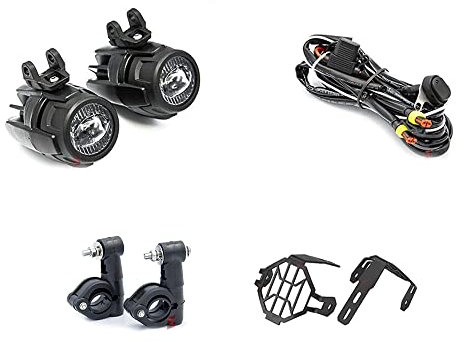 Zusatzscheinwerfer 2 Stück + Frontgrill 2 Stück + Kabelsatz und Ein/Aus-Schalter für Motorrad/Motorräder (1 Pz)