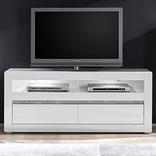 Lomadox TV-Lowboard in Weiss Hochglanz inkl. LED und Griffmulden in Betonoptik