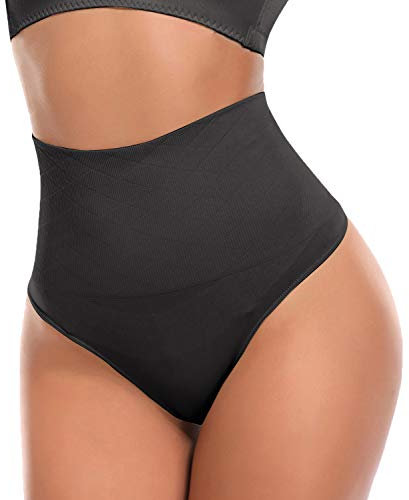 SLIMBELLE String Gainant Tanga Ventre Plat Taille Moyenne Panty Minceur Culotte Sculptante Shapewear Thong Amincissante Gaine Invisible, Noir, M
