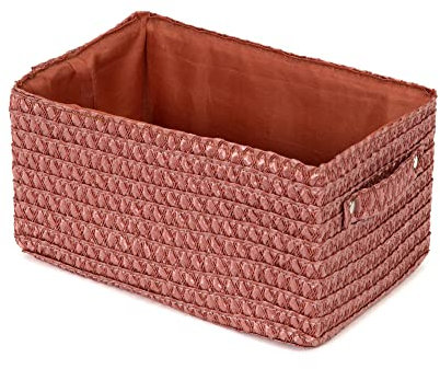 Compactor Panier de rangement rectangulaire avec poignée de traction - Boîte de rangement tissée renforcée en carton - Pour placard, bureau et étagère - Terre cuite avec doublure intérieure assortie -