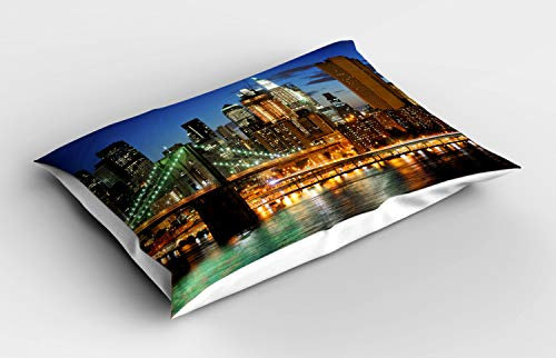 ABAKUHAUS Stadt Kissenbezug, New York bei Nacht Brücke, Dekorativer Standard King Size Gedruckter Kissenbezug, 80 x 40 cm, Mehrfarbig Tan