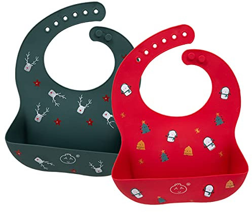Little Dimsum Babero impermeable de silicona para bebés para bebés y niños pequeños con recogedor de alimentos(Alce muñeco de nieve)