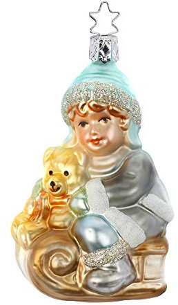 Christbaumschmuck Glas 11cm Kind und Teddy Schlitten mundgeblasen handbemalt Weihnachtskugeln bunt