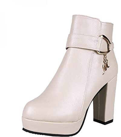 Stivali da Donna in Pelle Punta Tonda Tacco Spesso Scarpe Cerniera Cucitura Serpente Caviglia (40,Bianca)