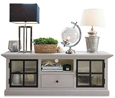Loberon Sideboard Chamnery, Trendiger Material-Mix, mit Aussparung für TV-Kabel, Landhaus-Look, Kommode, Aufbewahrung, Mangoholz, Glas, Eisen, grau