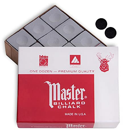 Master Billiard Pool Cue Chalk Premium Quality - 1 Dozen - Made in The USA + 2 pcs of Quality Billiard Pool Table Spots (Gray)