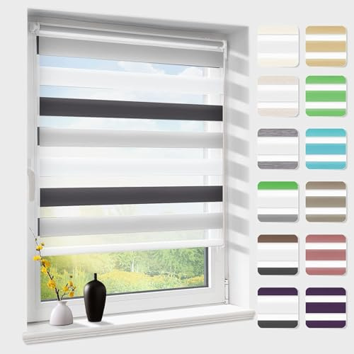 Doppelrollo klemmfix ohne Bohren, Duo Rollos für Fenster & Tür mit Bohren, Weiß Grau Anthrazit B40 x H150cm (Stoffbreite 40 cm), Fensterrollo lichtdurchlässig & verdunkelnd, Klemmrollo Sonnenschutz