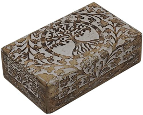 Craft&Style Deko Schatulle Kästchen Box Schachtel Kiste Dose aus Holz mit Deckel | Lebensbaum weiß | L x B x H: 13 x 20 x 6 cm