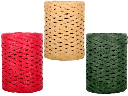 POPOYU Lot de 3 Raphia Ruban Papier Noël,100M Rouleau de Ruban de Noël Rouge et Vert,Naturel Raphia Ruban Synthétique pour Emballage,Papier Raphia Mat Recyclable pour Emballage Cadeau de Noël