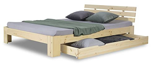 Homestyle4u 2250, Holzbett 140x200 mit Schubladen Natur, Doppelbett mit Lattenrost Bettkasten Bett Holz Kiefer