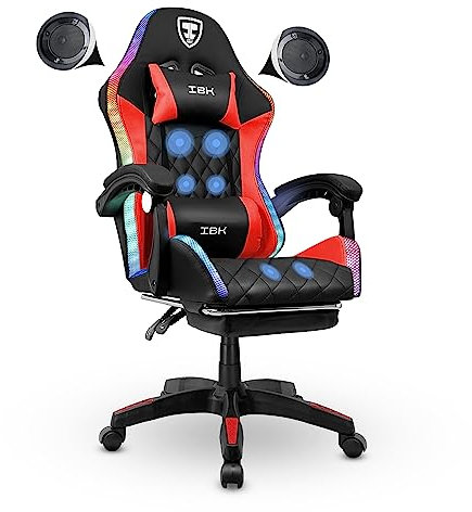IBK Sedia da Gaming professionale, similpelle, massaggiante, supporto lombare, Led RGB, casse bluetooth, regolabile in altezza, schienale reclinabile, pistone a gas classe 3, Ufficio PC (Rosso)