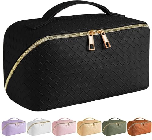 SFXULIX Große Kapazität Reise Kosmetiktasche - Make-up-Tasche, PU Leder wasserdichte Kosmetiktasche, Frauen Tragbare Reise Make-up Tasche Mit Griff und Trennwand Flache Lay Make-up Organizer Tasche,