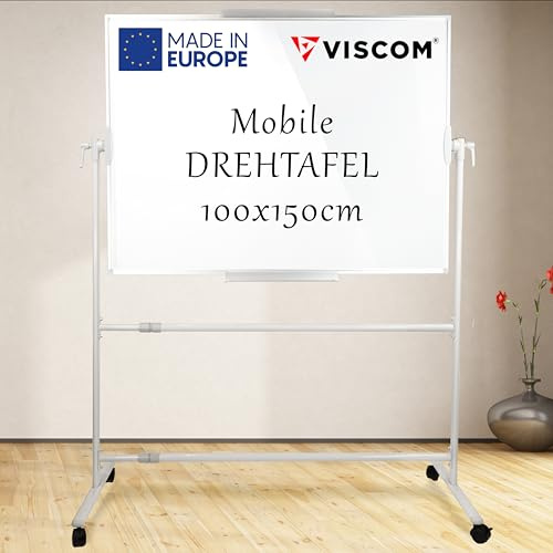 VISCOM Whiteboard mit Ständer & Rollen - 100 x 150 cm - beidseitig nutzbar | doppelseitige Stativdrehtafel - mobiles Whiteboard magnetisch, beschreibbar - Drehtafel mit Rollenständer - Aluminiumrahmen