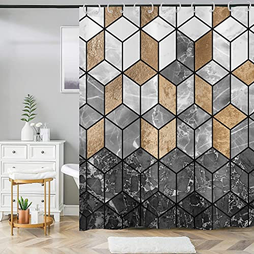 ASDCXZ Duschvorhang Marmor 180x180 cm, Modern Leichter Luxus Schwarz Gold Grau Marmor Optik Bad Duschvorhänge Waschbar Polyester Textil Wasserdicht Duschvorhang für Badewanne mit 12 Duschvorhang Hake